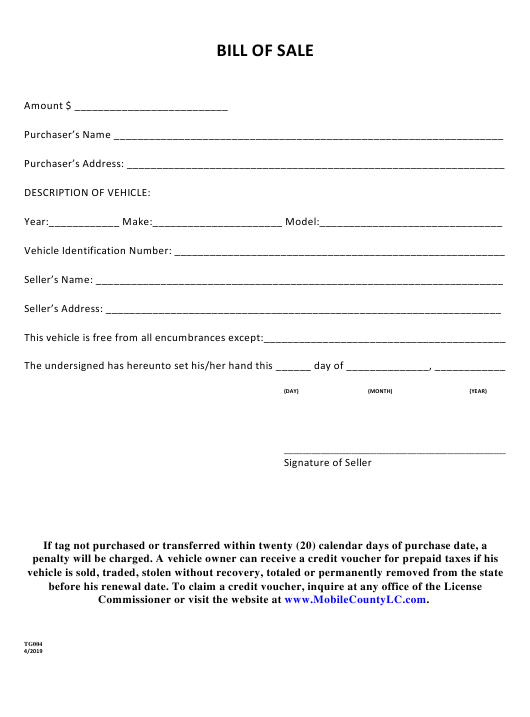 Mobile County Alabama Vehicle Bill Of Sale Form Download Fillable PDF 
