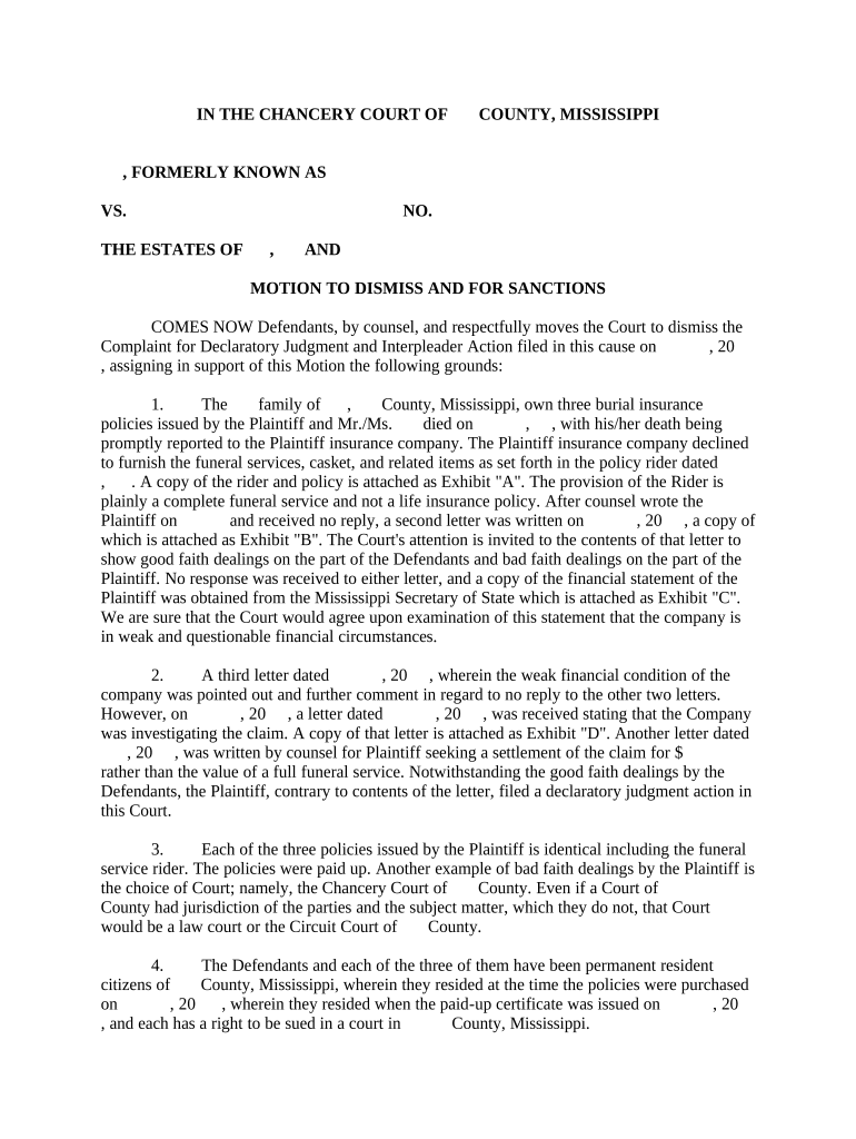 Motion To Dismiss And For Sanctions Mississippi Doc Template PDFfiller