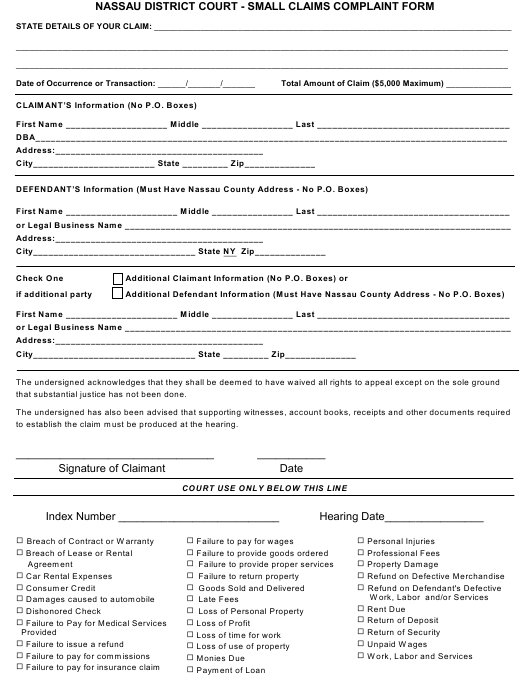 Nassau County New York Small Claims Complaint Form Download Fillable