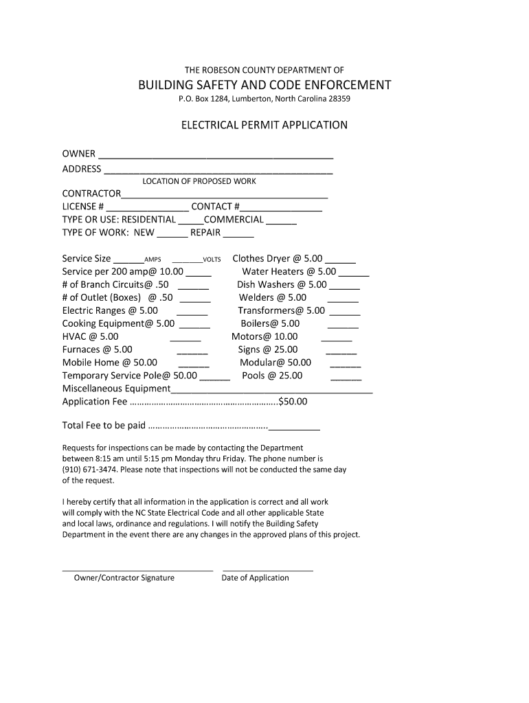 NC Electrical Permit Application Robeson County Fill And Sign