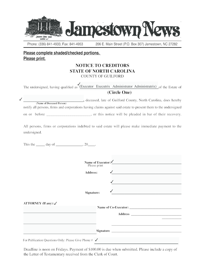 NC Notice To Creditors Guilford County Fill And Sign Printable 