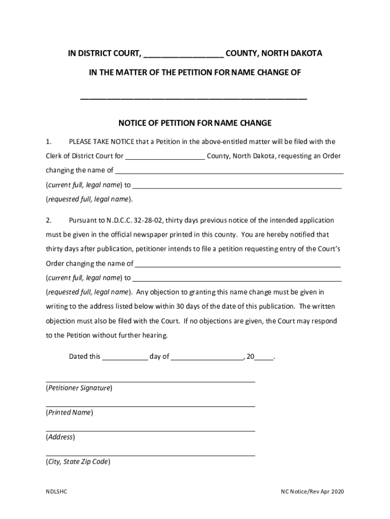 ND Notice Of Petition For Name Change Fill Out And Sign Printable PDF 