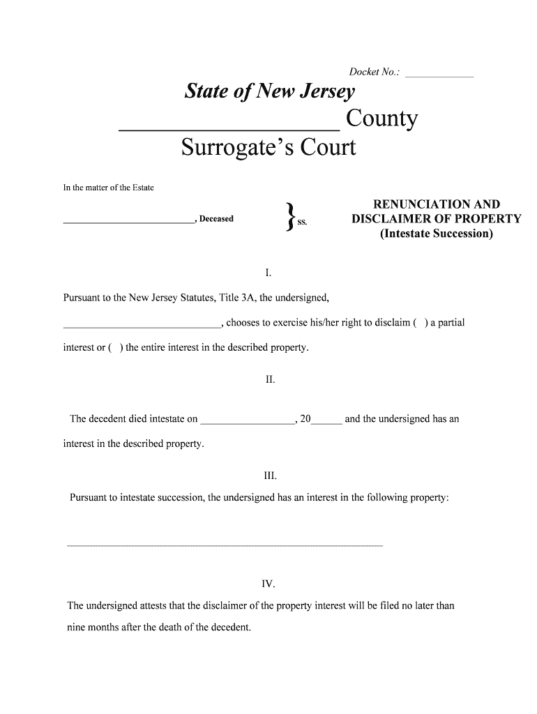 New Jersey Renunciation And Disclaimer Of Property Received By 