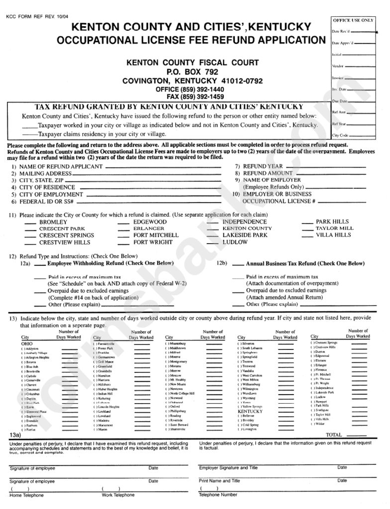 Occupational License Fee Refund Application Form Kenton County And 