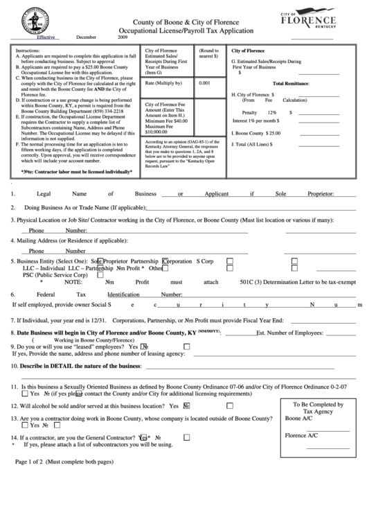 Occupational License payroll Tax Application Form County Of Boone 