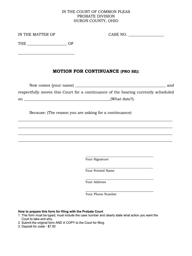 OH Motion For Continuance Huron County Complete Legal Document 