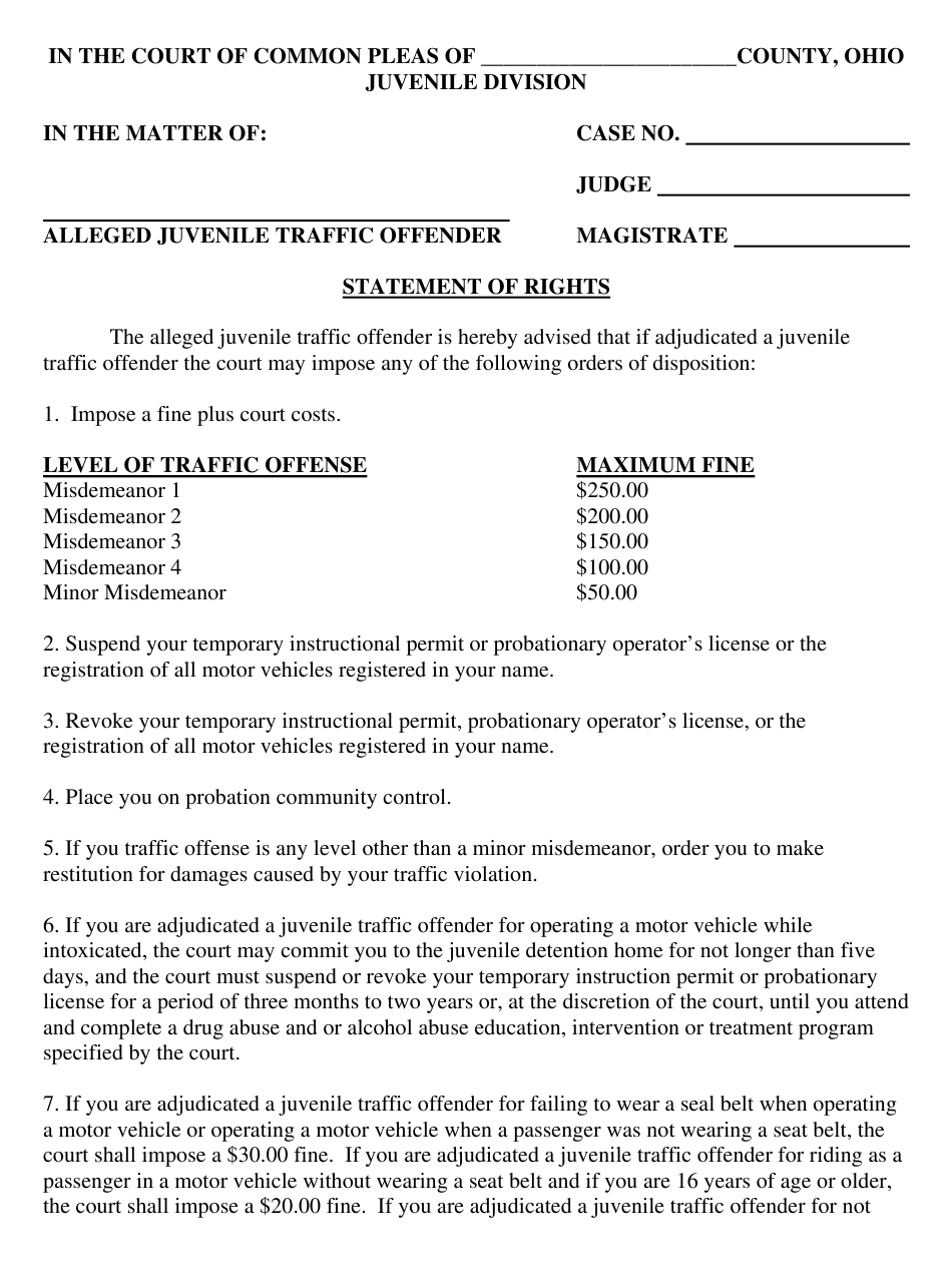 Ohio Statement Of Rights Alleged Delinquent Child Download Printable 