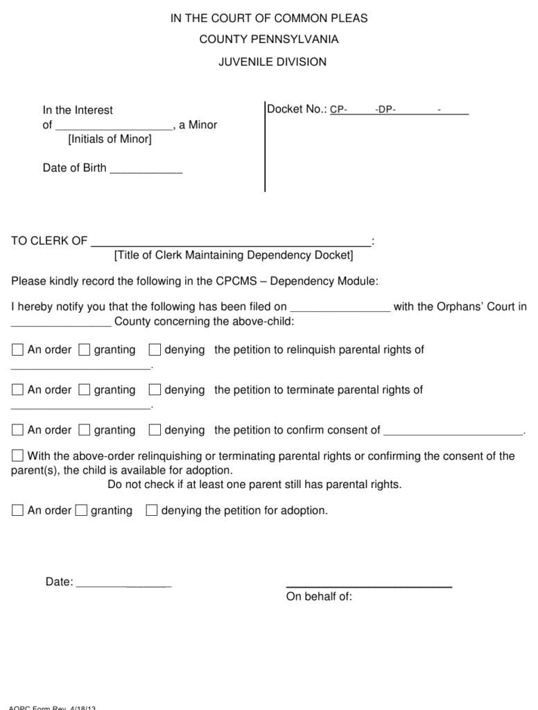 Pennsylvania Notice To Orphans Court Order Download Fillable PDF 