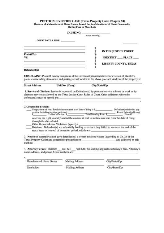 Petition Eviction Case Form Printable Pdf Download