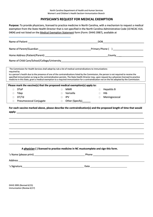 Physician S Request For Medical Exemption Nc Immunization Branch 