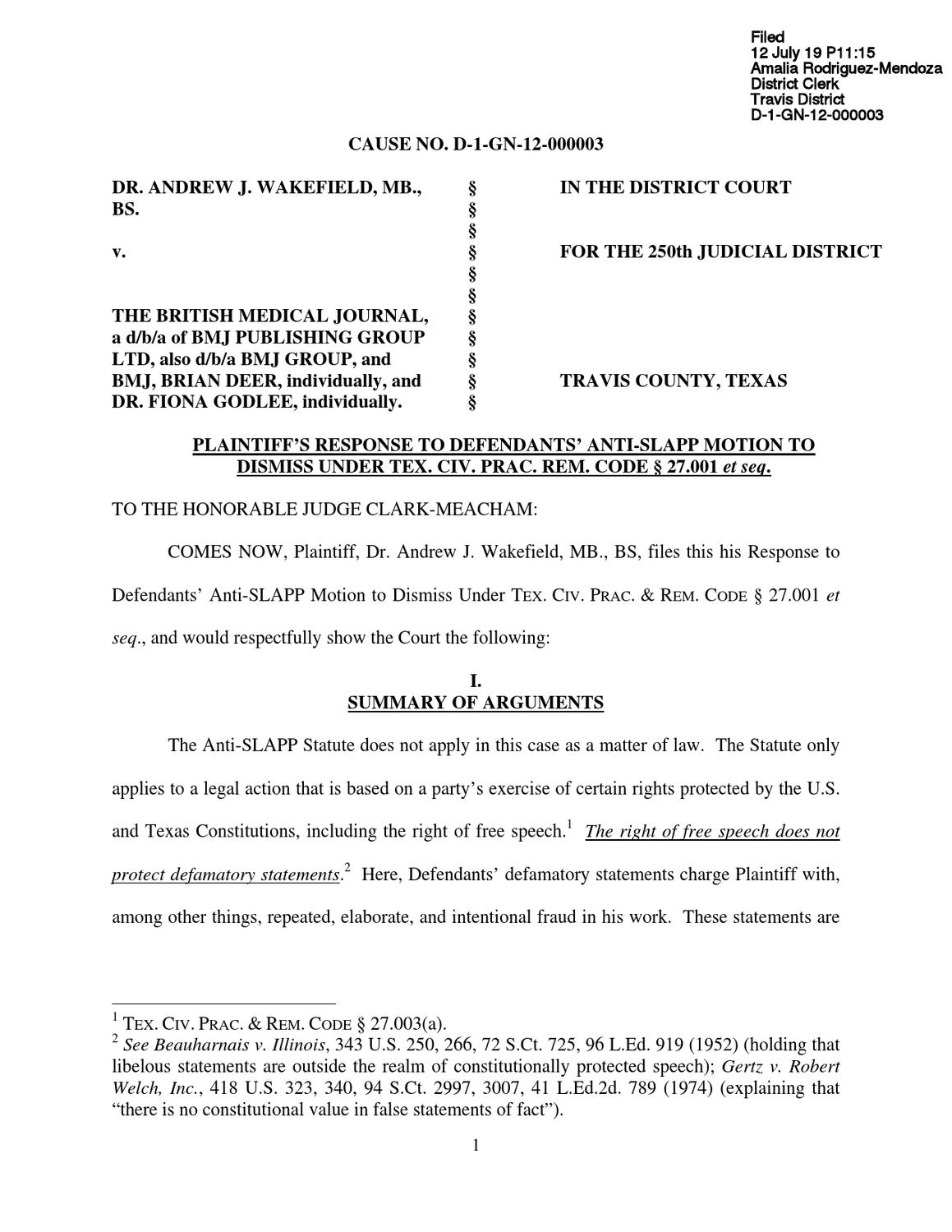 Plantiff s Response To Defendants Anti Slapp Motion To Dismiss By Dr 