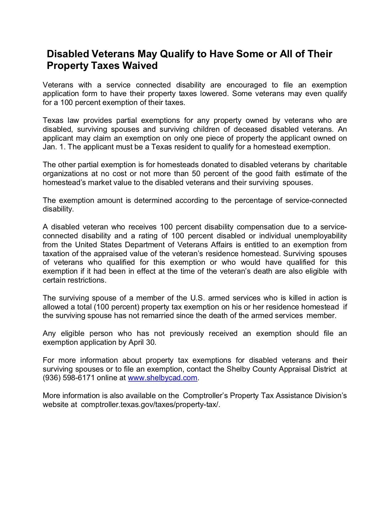 Property Tax Discount For Veterans Texas Property Walls