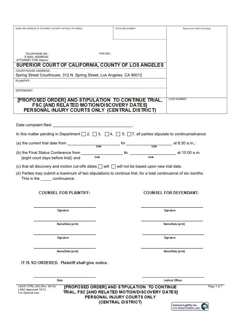 Proposed Order And Stipulation To Continue Trial Central District