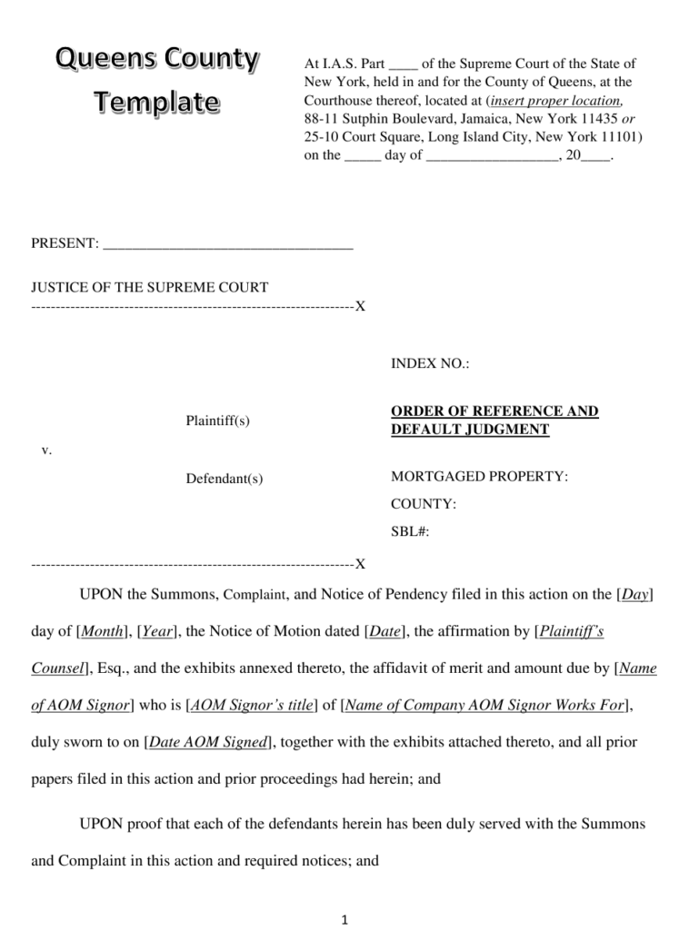 Queens County New York Order Of Reference And Default Judgment 