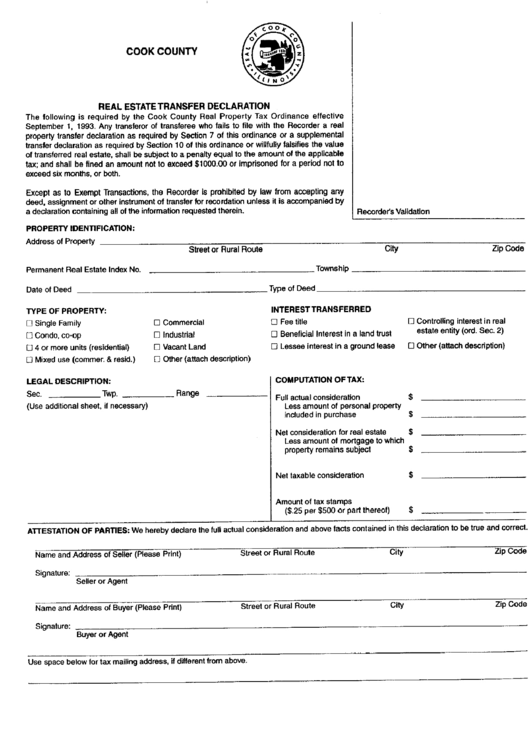 Real Estate Transfer Declaration Cook County Printable Pdf Download