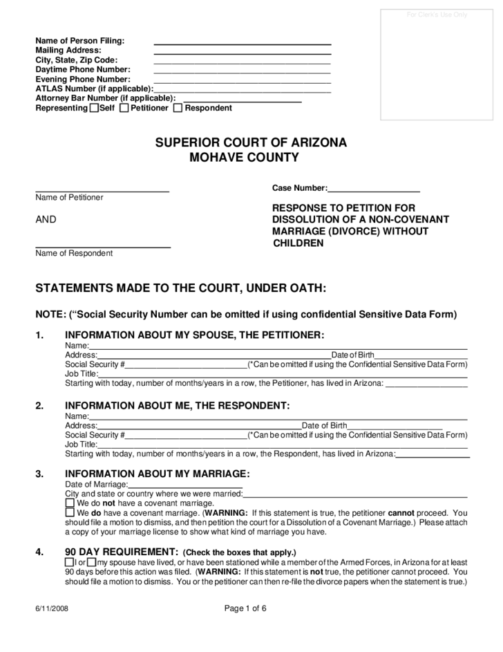 Response To Petition For Divorce Without Children Arizona Free Download