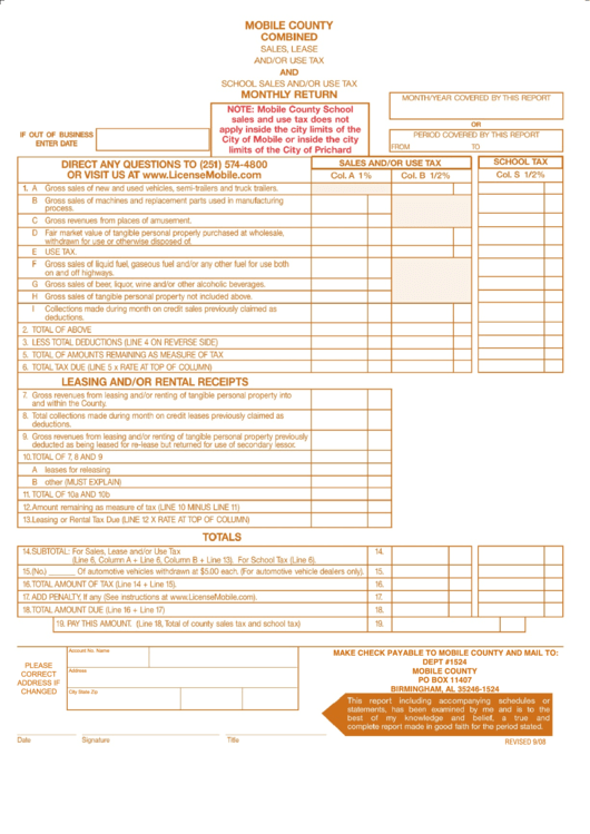 Sales Lease And or Use Tax Report Form Mobile County Alabama