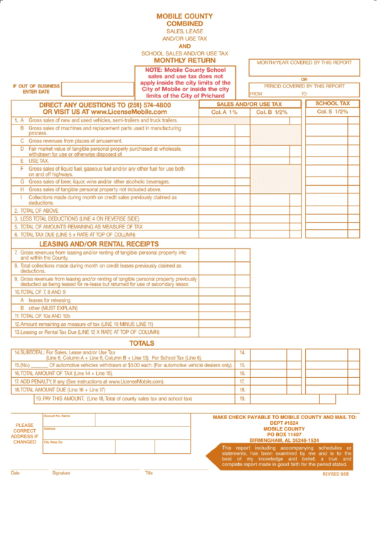 Sales Lease And or Use Tax Report Form Mobile County Alabama 