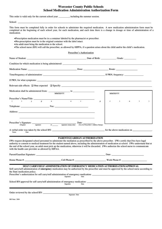 School Medication Administration Authorization Form 2004 Printable Pdf