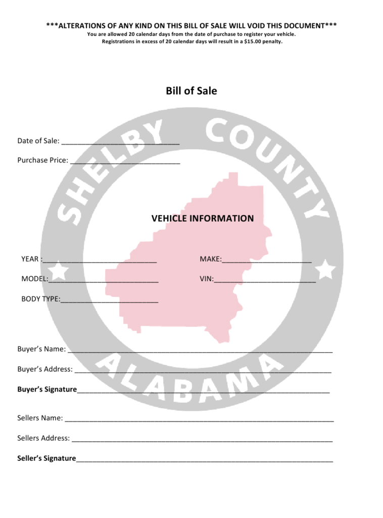 Shelby County Alabama Vehicle Bill Of Sale Form Download Printable PDF 