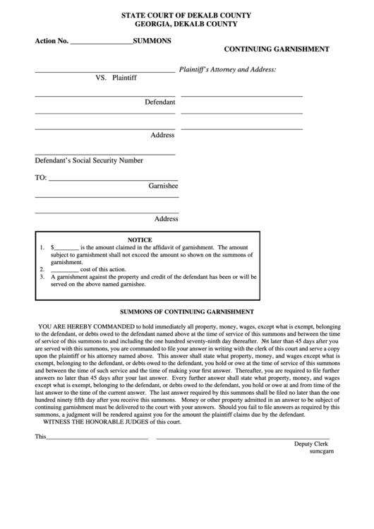 Summons Continuing Garnishment Form State Court Of Dekalb County 