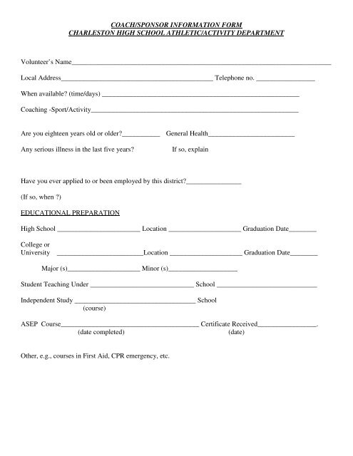 Volunteer Coaching Form Charleston School District