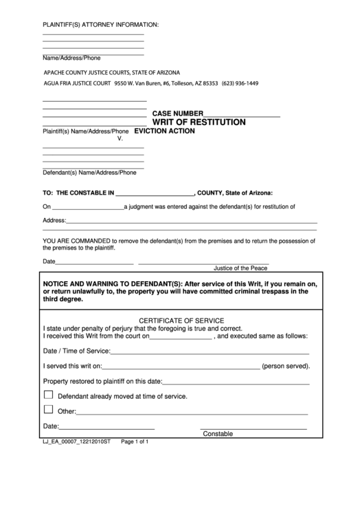 Writ Of Restitution Eviction Action Printable Pdf Download