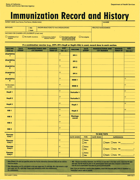 Yellow Immunization Card California Gemescool