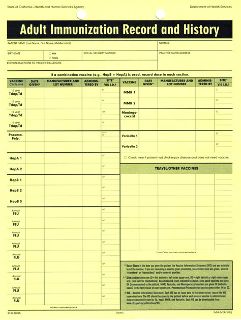 Yellow Immunization Card California Gemescool