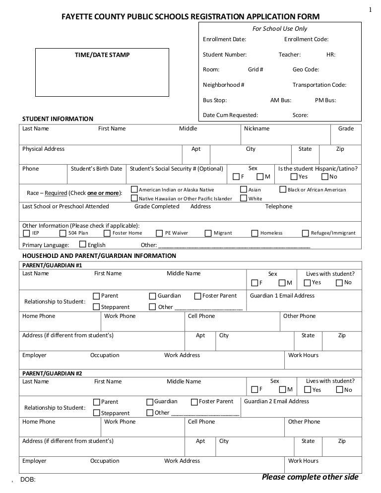 1 FAYETTE COUNTY PUBLIC SCHOOLS REGISTRATION APPLICATION FORM For 