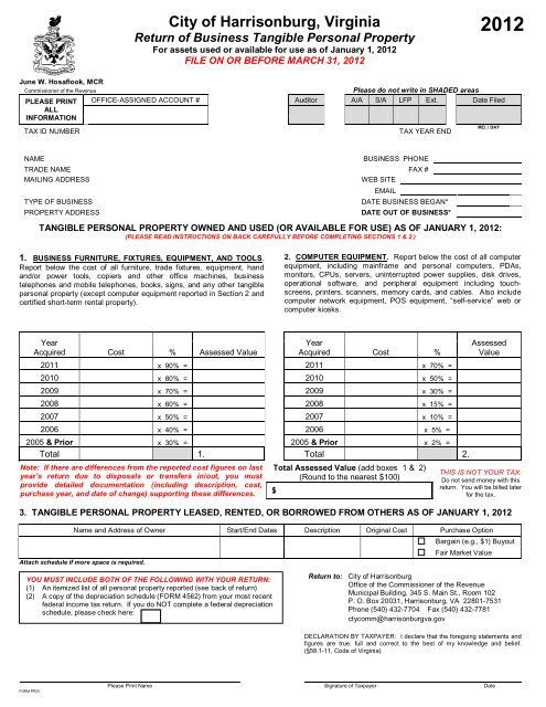 2012 Business Personal Property Tax Form City Of Harrisonburg