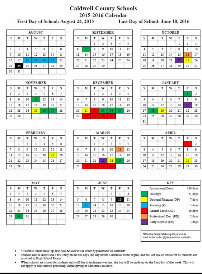 2015 2016 Traditional School Calendar School Calendar Caldwell 