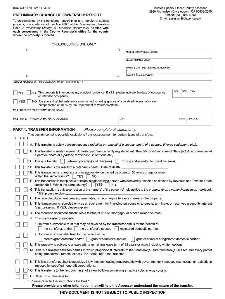 2017 Form CA BOE 502 A P1 Fill Online Printable Fillable Blank