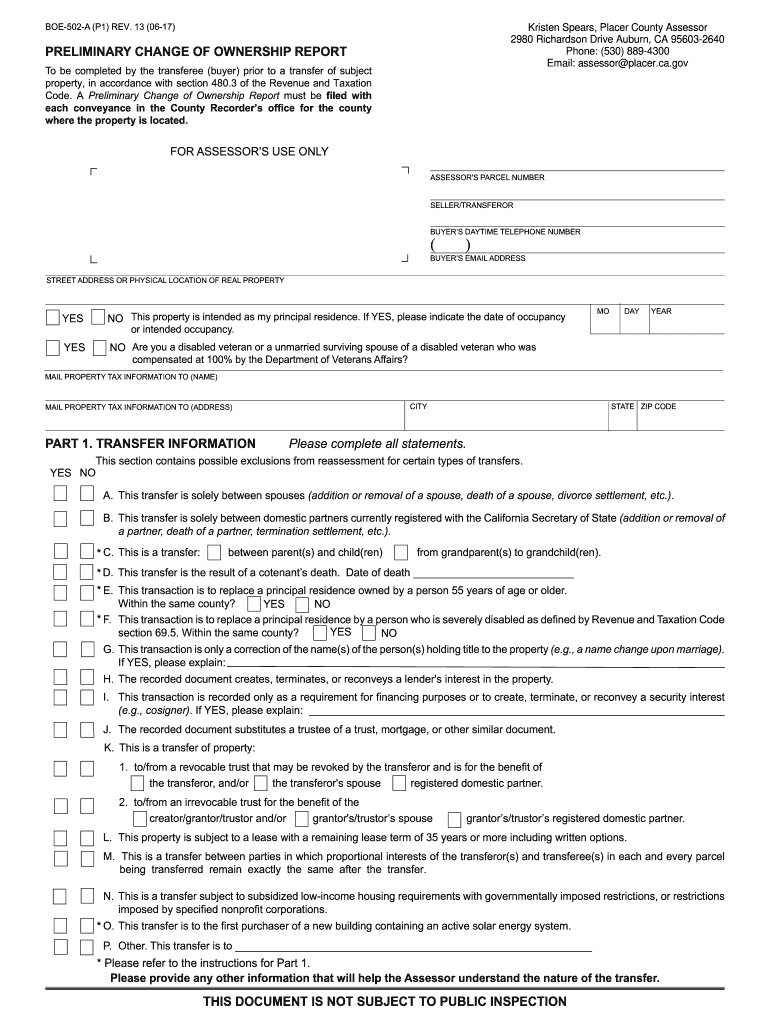 2017 Form CA BOE 502 A P1 Fill Online Printable Fillable Blank 