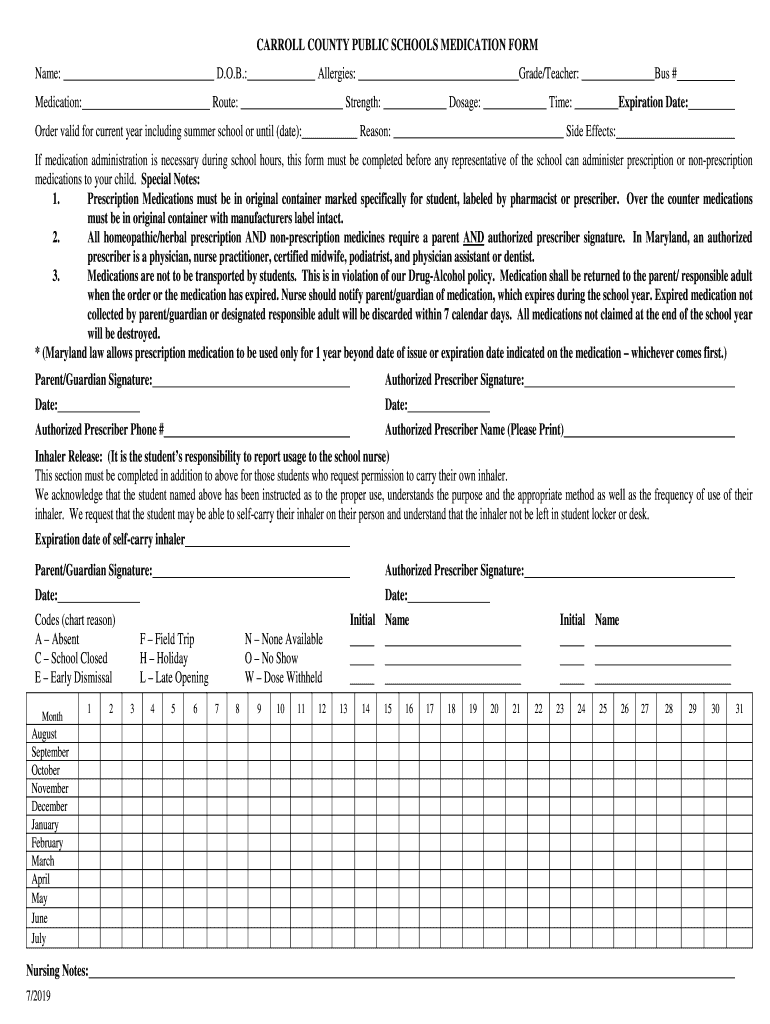 2019 2022 MD Carroll County Public Schools Medication Form Fill Online 