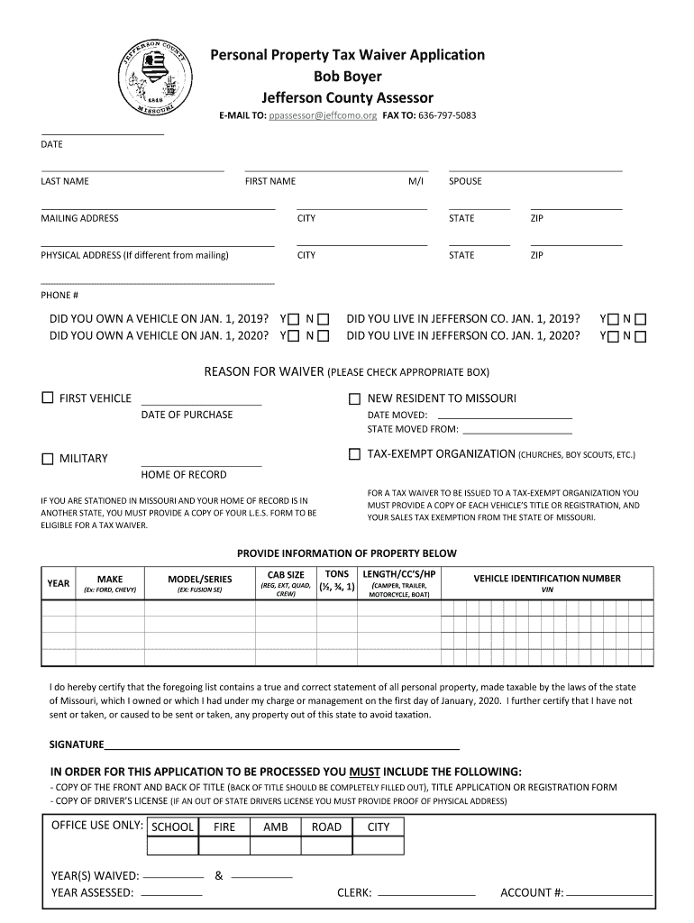 2019 Form MO Personal Property Tax Waiver Application Jefferson 