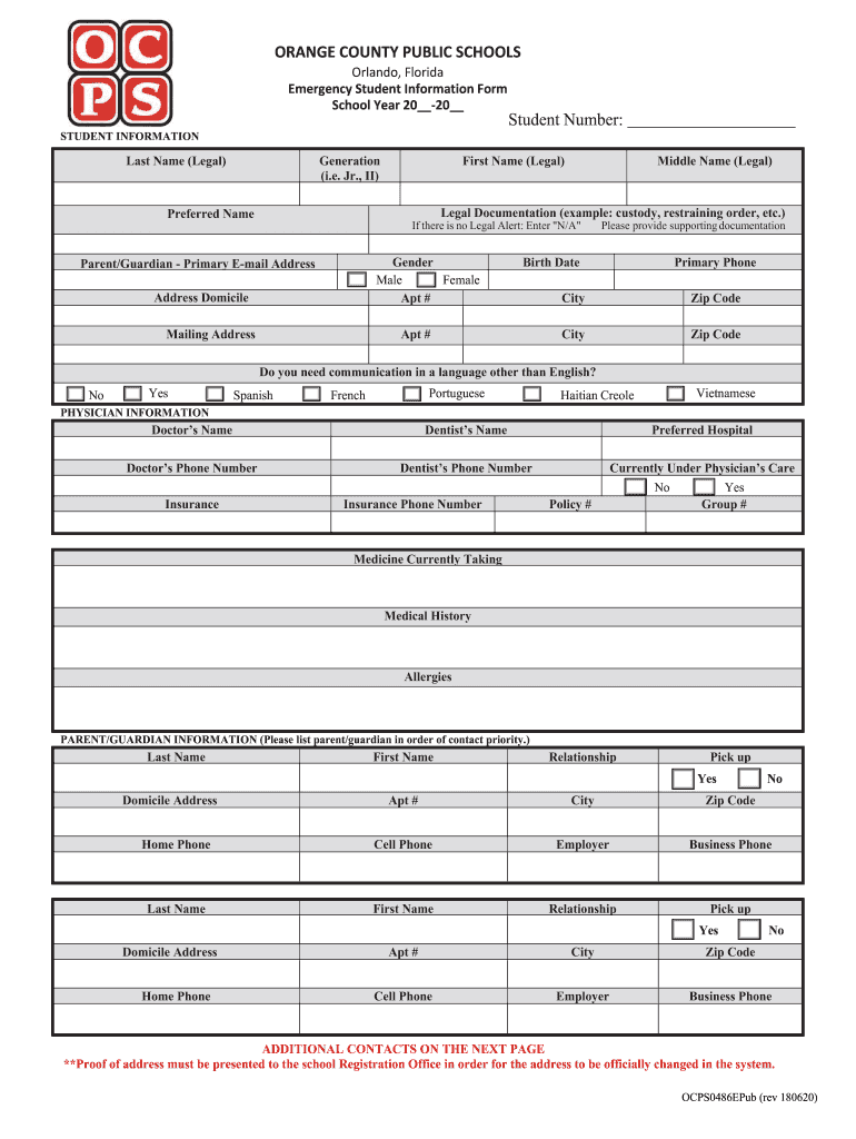 2020 2022 FL OCPS Emergency Student Information Form Fill Online 