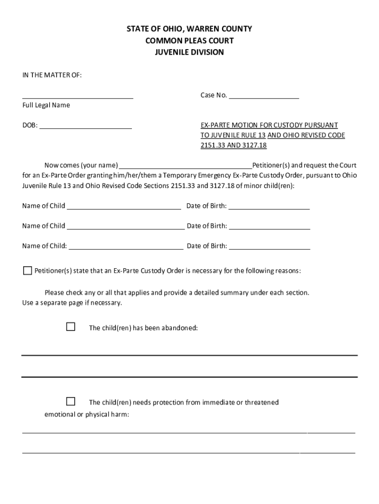 2021 Form OH Ex Parte Motion For Custody Pursuant To Juvenile Rule 13 