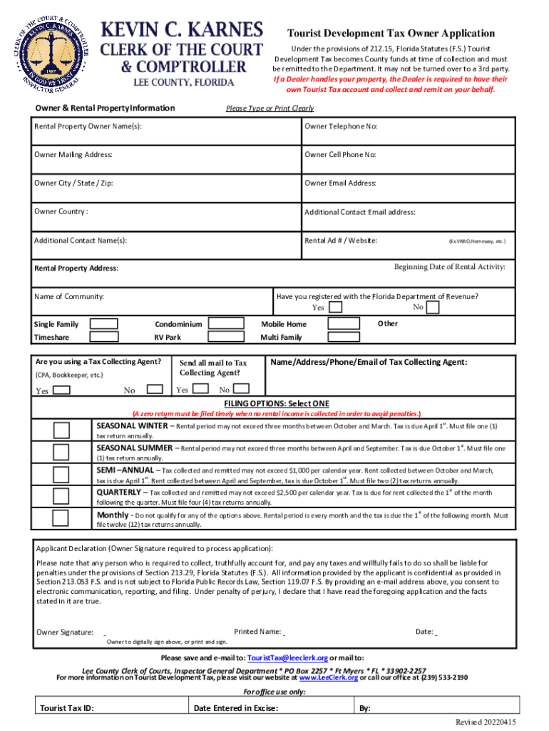 2022 Form FL Tourist Development Tax Owner Application Lee County 