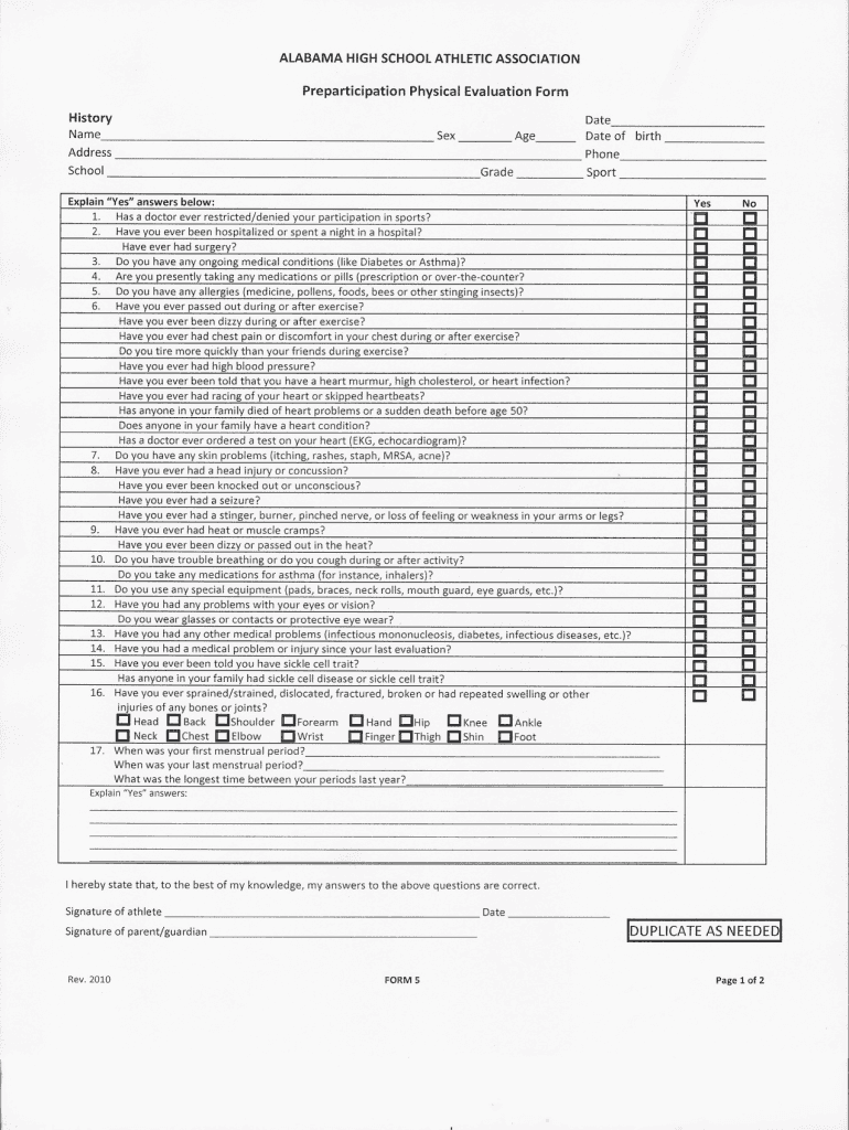 Alabama High School Athletic Association Physical Form Fill Out Sign