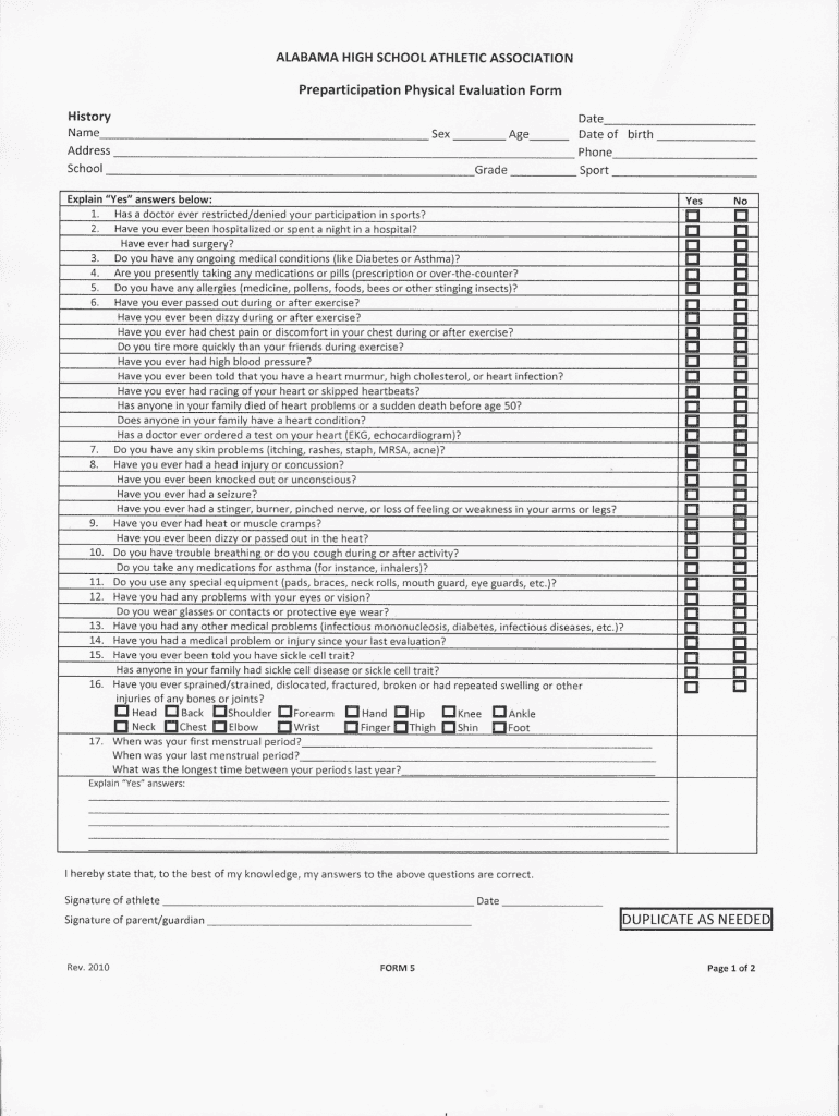 Alabama High School Sports Physical Form 2020 Fill Online Printable 