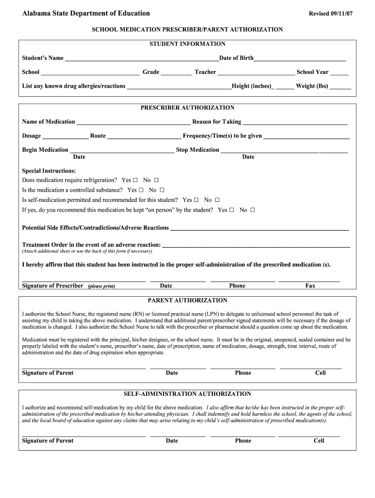 Alabama School Medication Form 2019 Fill Out Sign Online DocHub