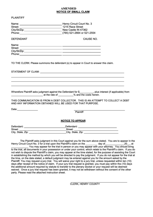 Amended Notice Of Small Claim Form Henry County Indiana Printable 