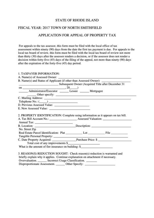 Application Form For Appeal Of Property Tax Printable Pdf Download