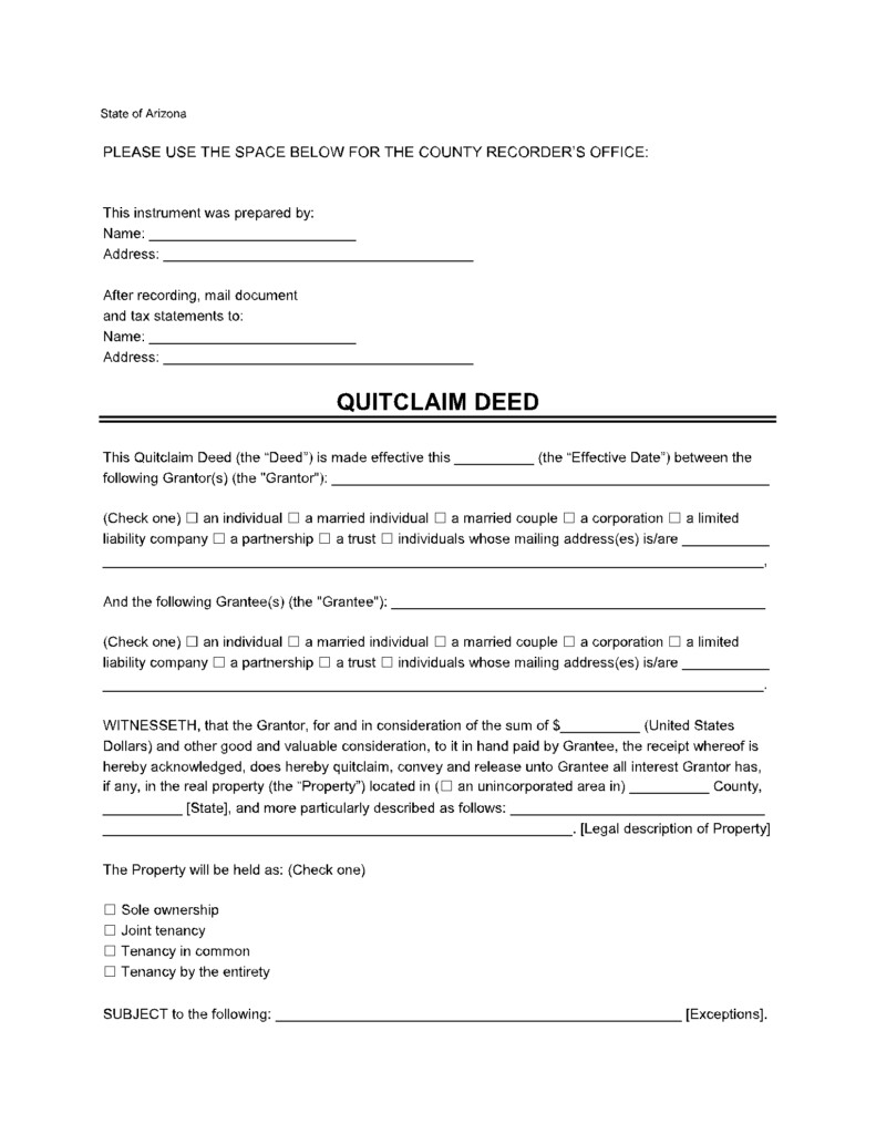 Arizona Quit Claim Deed Form 1