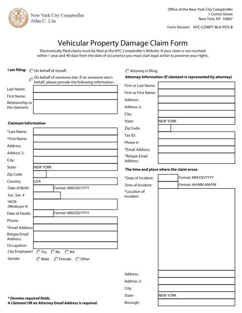 Automobile Property Damage Claim Form NYC Office Of The 