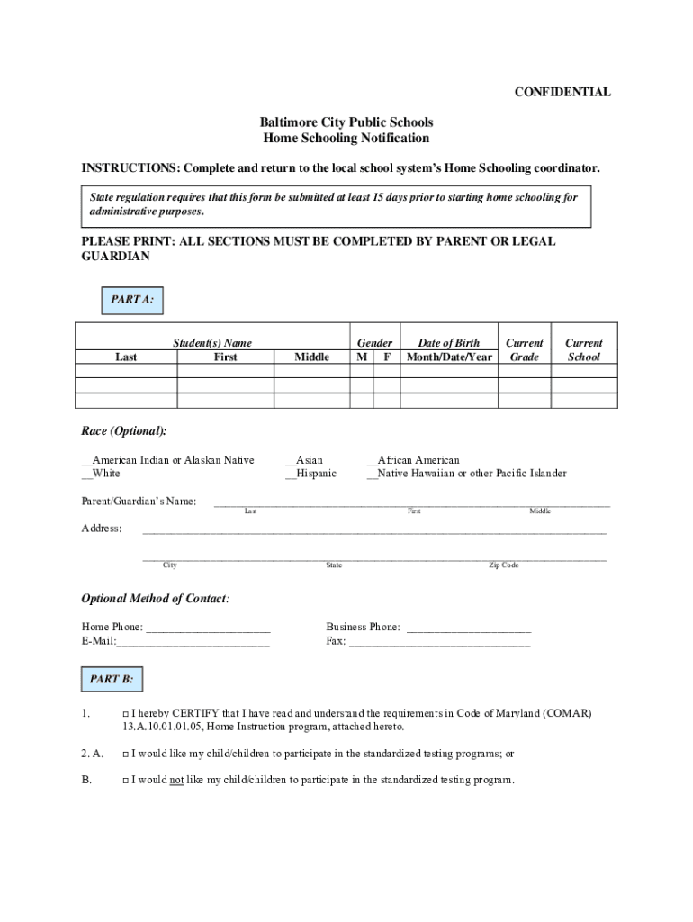 Baltimore City Homeschool Form Fill Online Printable Fillable