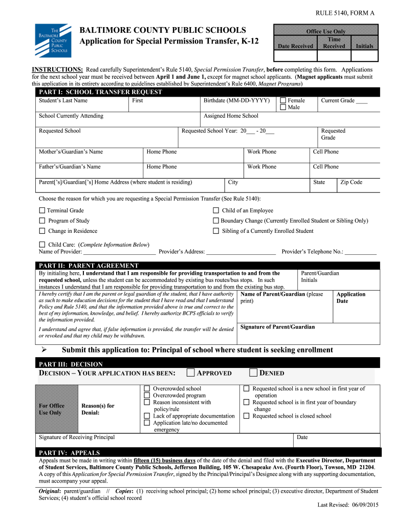 Baltimore County Special Permission Trnasfer Form Fill Out And Sign