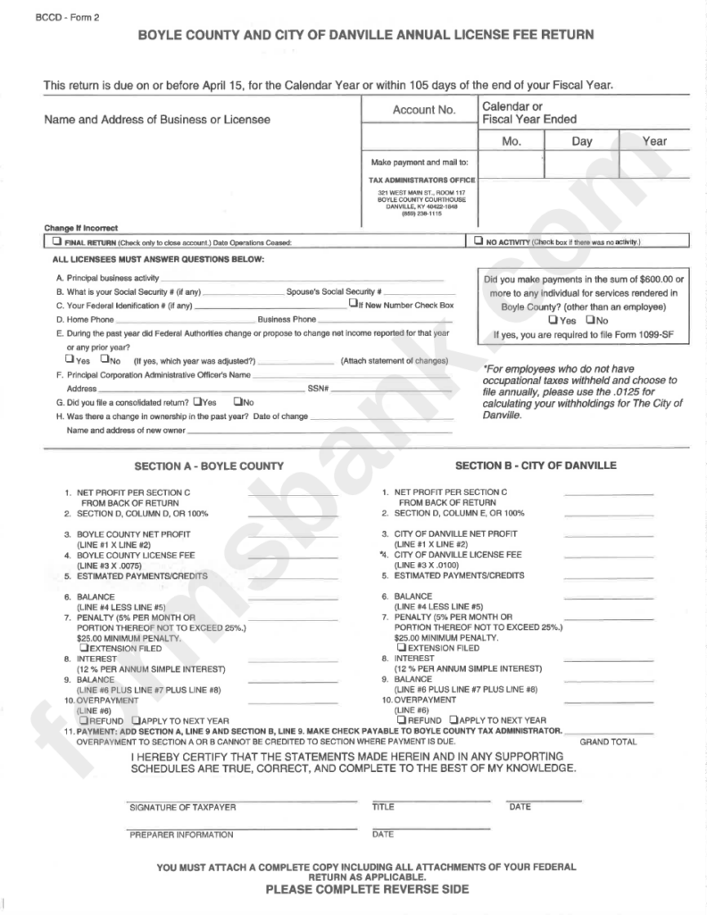 Bccd Form 2 Boyle County And City Of Danville Annual License Fee 