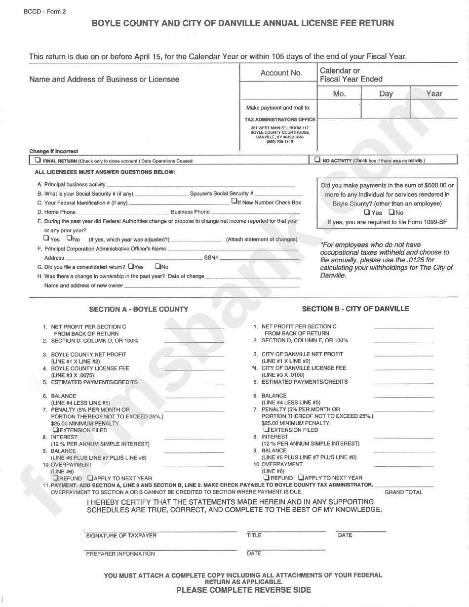 Bccd Form 2 Boyle County And City Of Danville Annual License Fee 